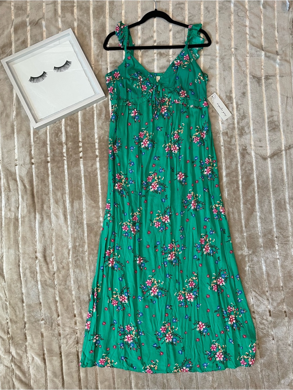 Kingston Green Floral Maxi Dress with Pink & Blue Flower Accents